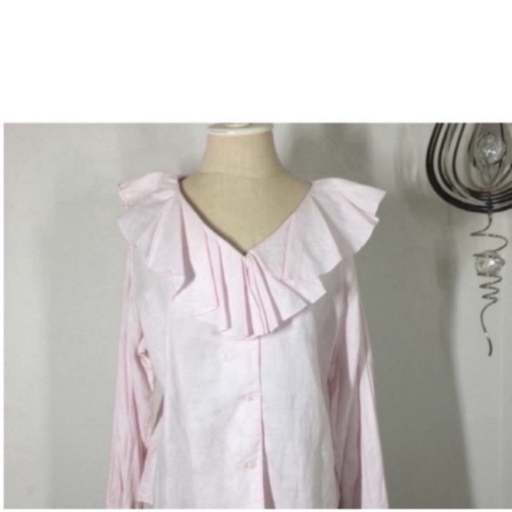 Women’s Pink Ruffle V-Neck Button Front Top - Picture 5 of 7